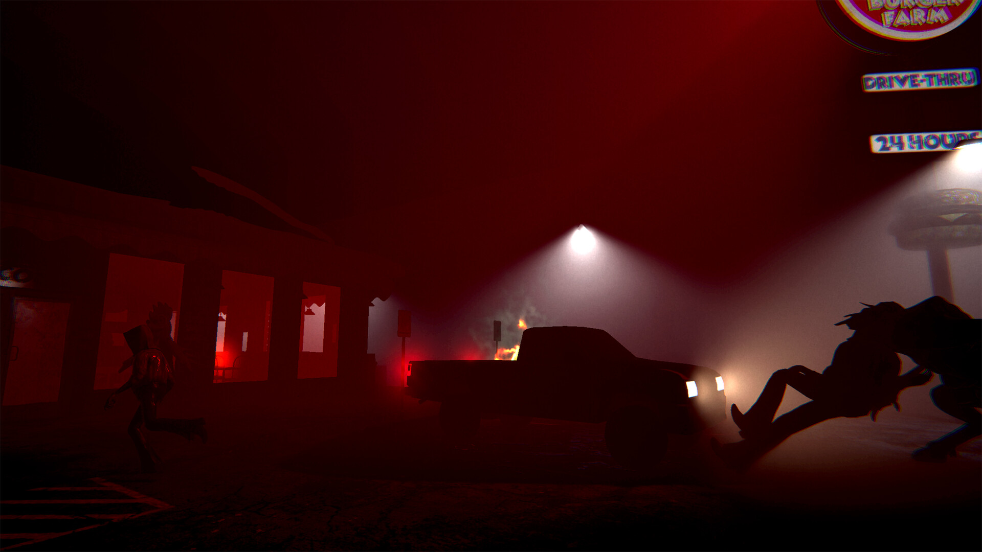 A red-lit outdoor escape scene from Happy's Humble Burger Cult